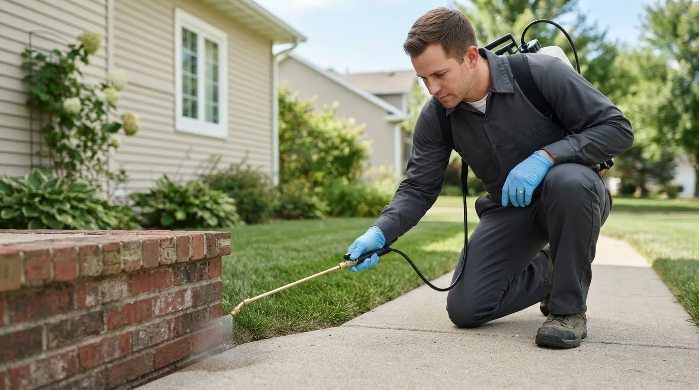 Pest control technician treating a home near Siloam, GA